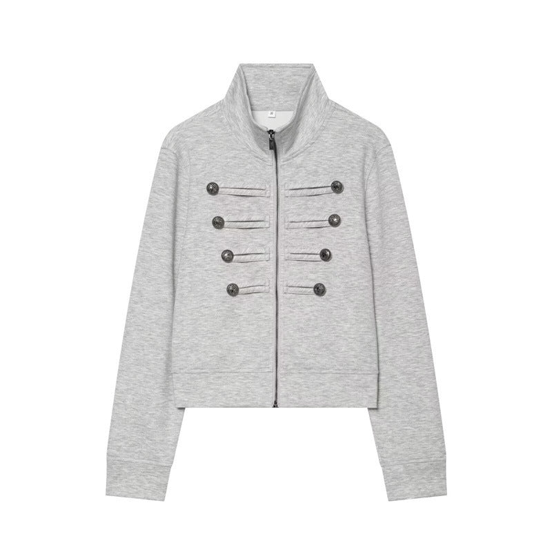 Women's Cropped Sweat Jacket in Military Look with Stand-up Collar and Decorative Button Placket Chichicherry