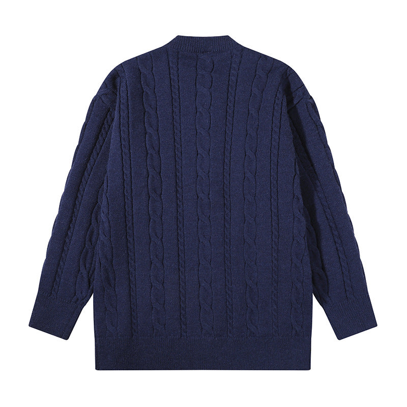 Unisex Übergroße Zopfmuster-Strickjacke mit Knopfleiste und Rundhalsausschnitt Chichicherry