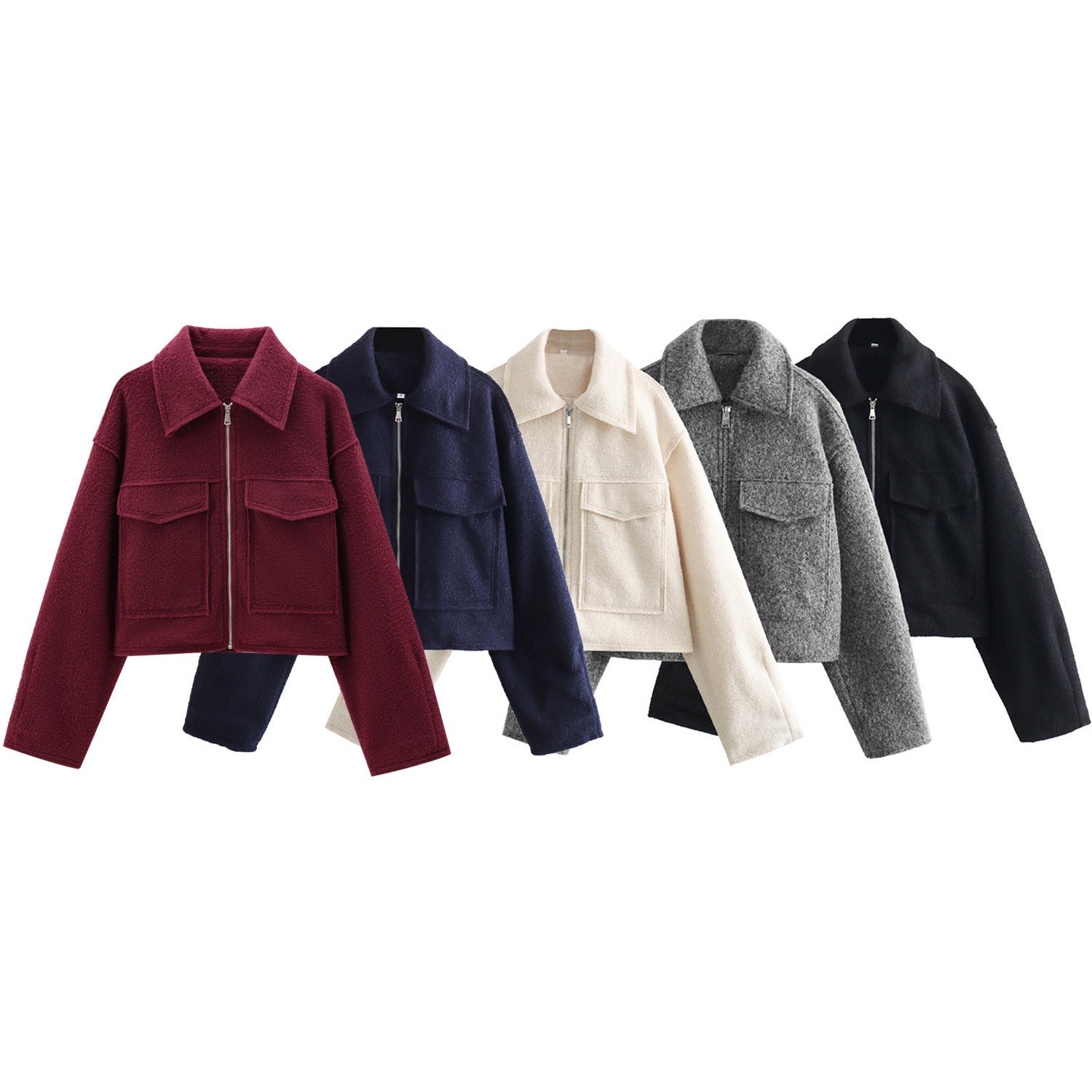 Women Short Boucle Jacket in Boxy Cut with Zip and Flap Pockets Chichicherry