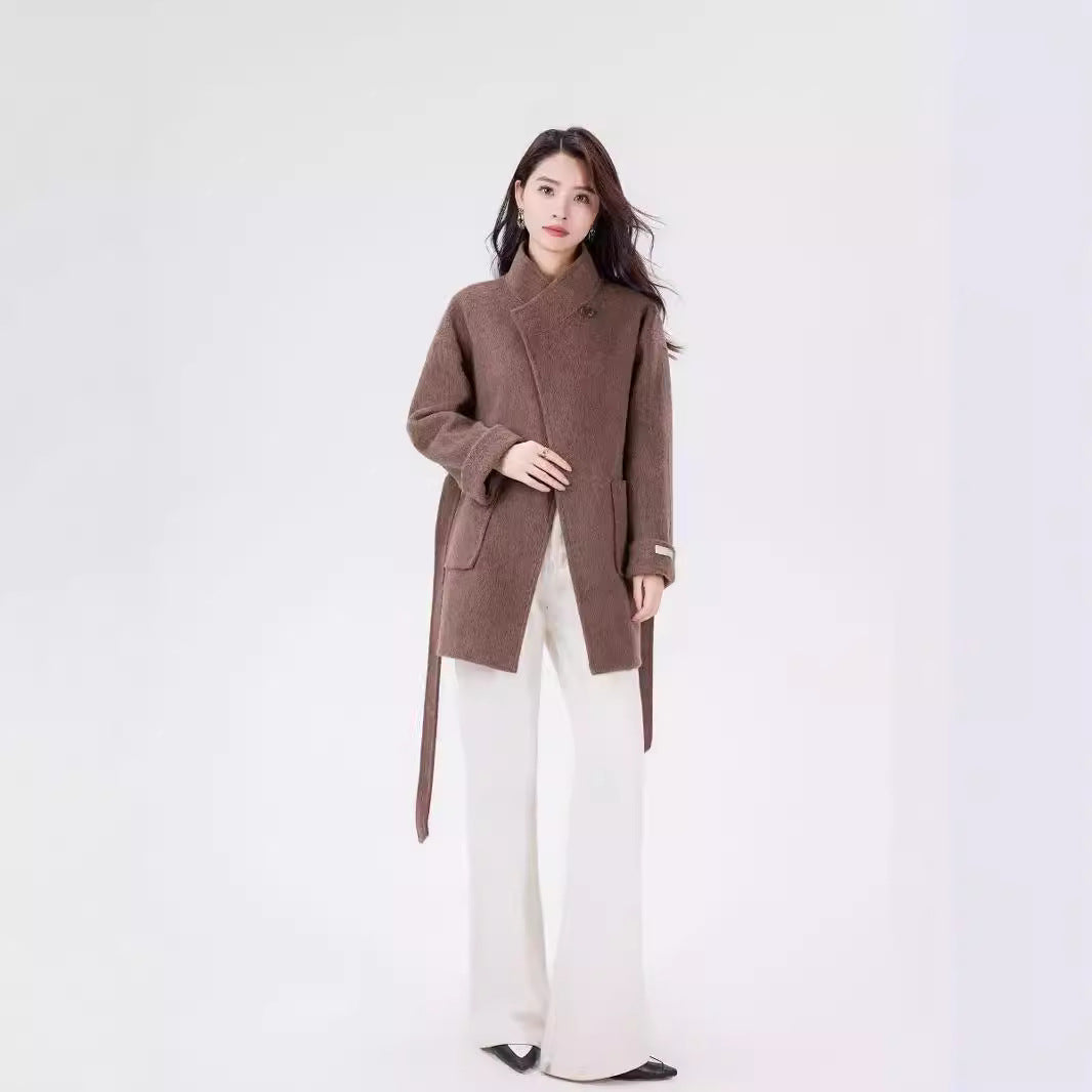 Women's Short Wrap Wool Coat with High Button Placket and Patch Pockets Chichicherry