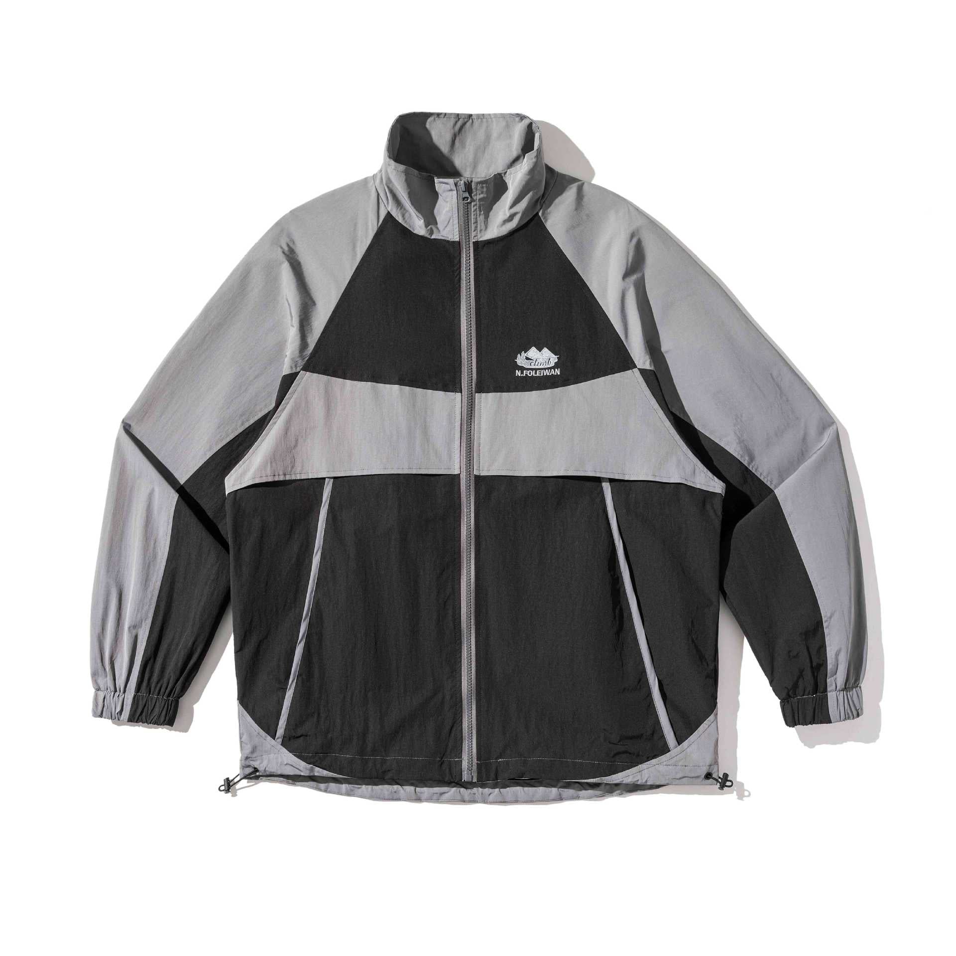 Unisex Lightweight Colorblock Windbreaker in Boxy Cut with High Stand-Up Collar and Drawstring Hem Chichicherry