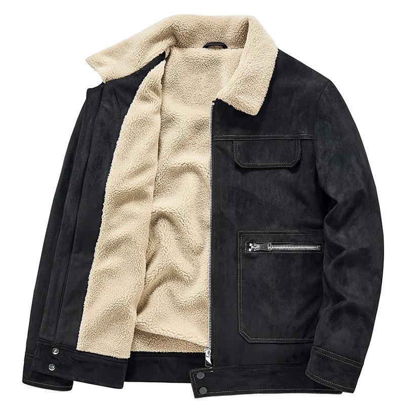 Men's suede look jacket with teddy lining, contrast stitching, and multiple pockets Chichicherry