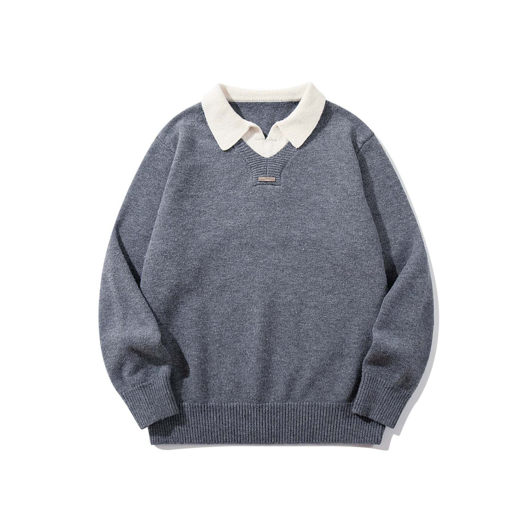 Men's Boxy Knit Sweater with Polo Collar and V-Inset Chichicherry