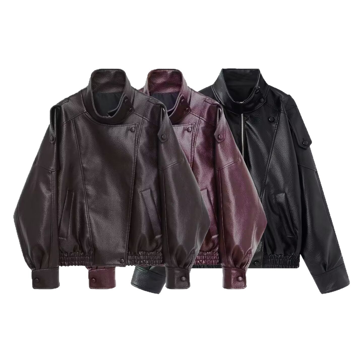Women Oversized Faux Leather Biker Jacket with Asymmetric Lapel, Stand Collar, and Waist Drawstring Chichicherry