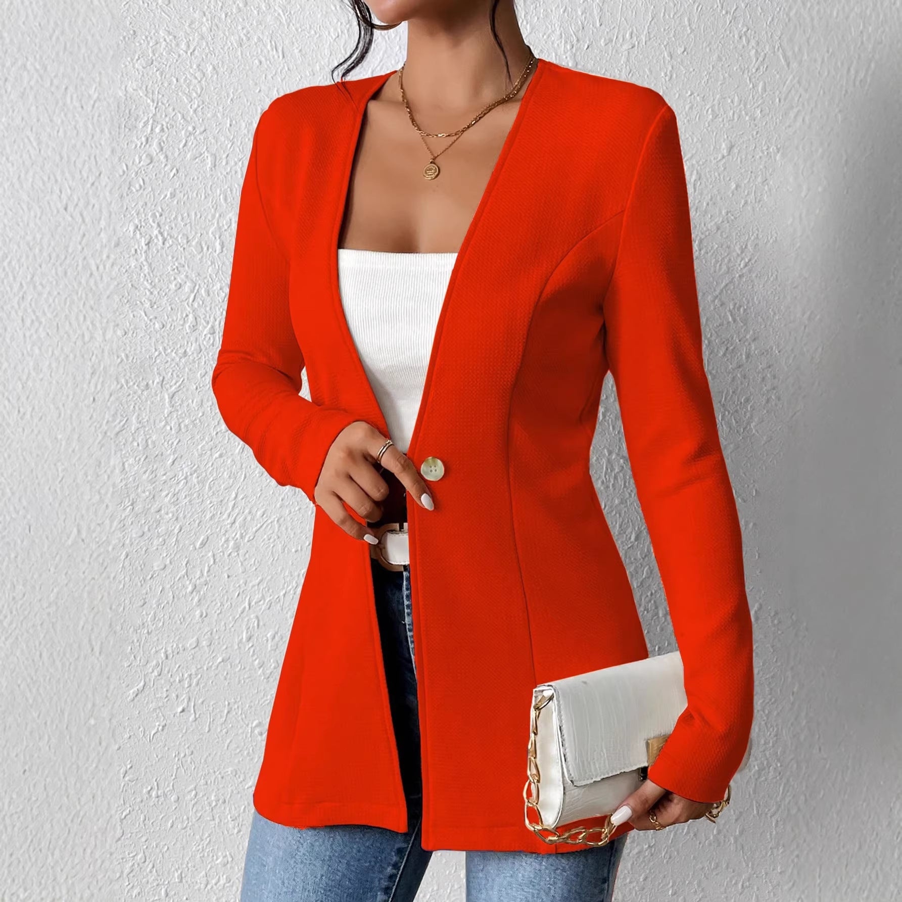 Ladies Tailored Long Blazer with V-Neck and One-Button Closure Chichicherry
