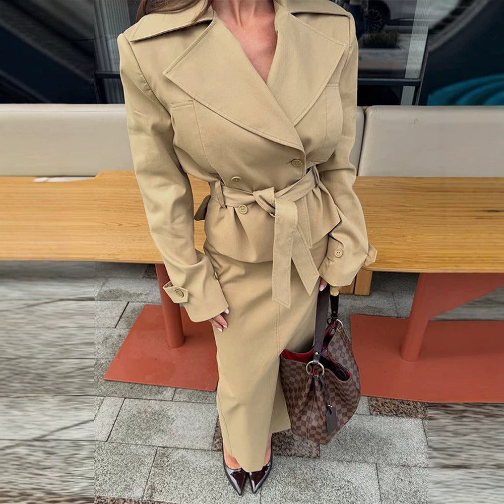 Women Tailored Trench Set with Peplum, Tied Belt & Pencil Skirt Chichicherry