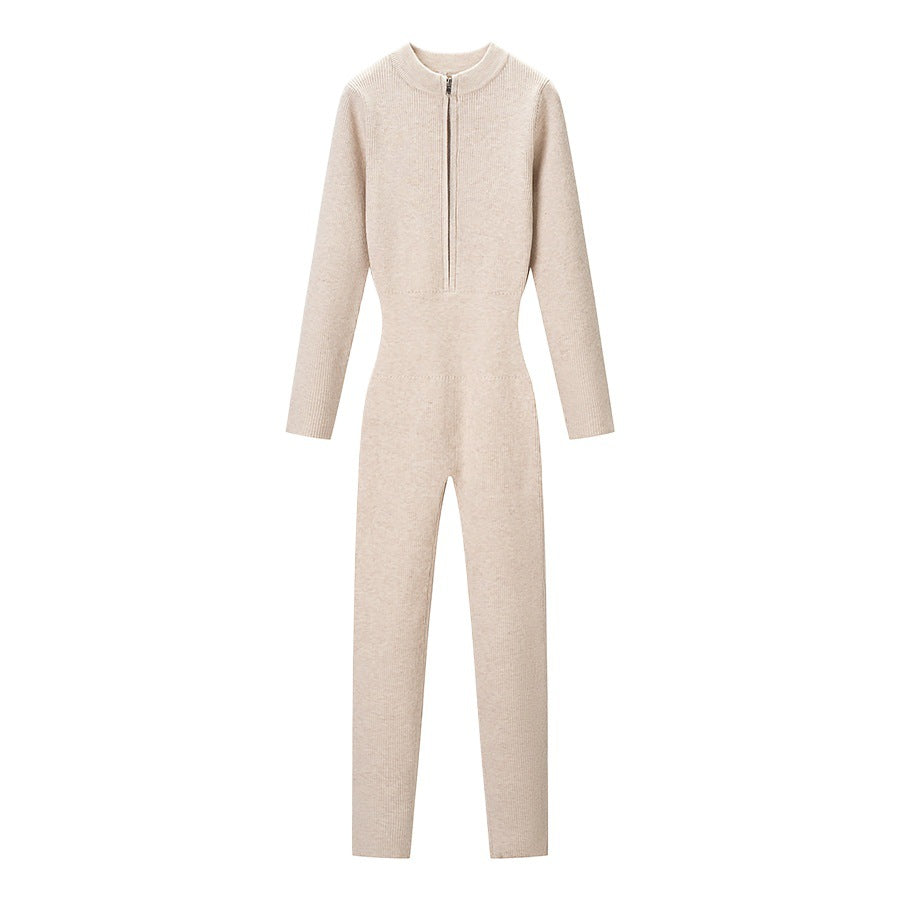 Women's Fitted Rib Knit Jumpsuit with Stand-Up Collar and Front Zip Chichicherry