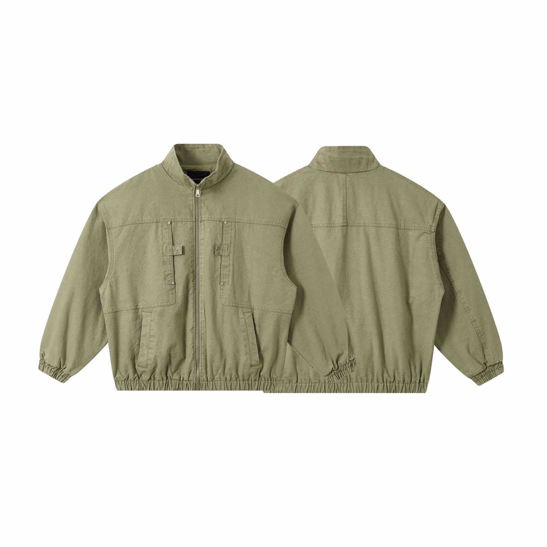 Unisex Short Canvas Field Jacket in Utility Look with High Stand Collar and Elastic Hem Chichicherry