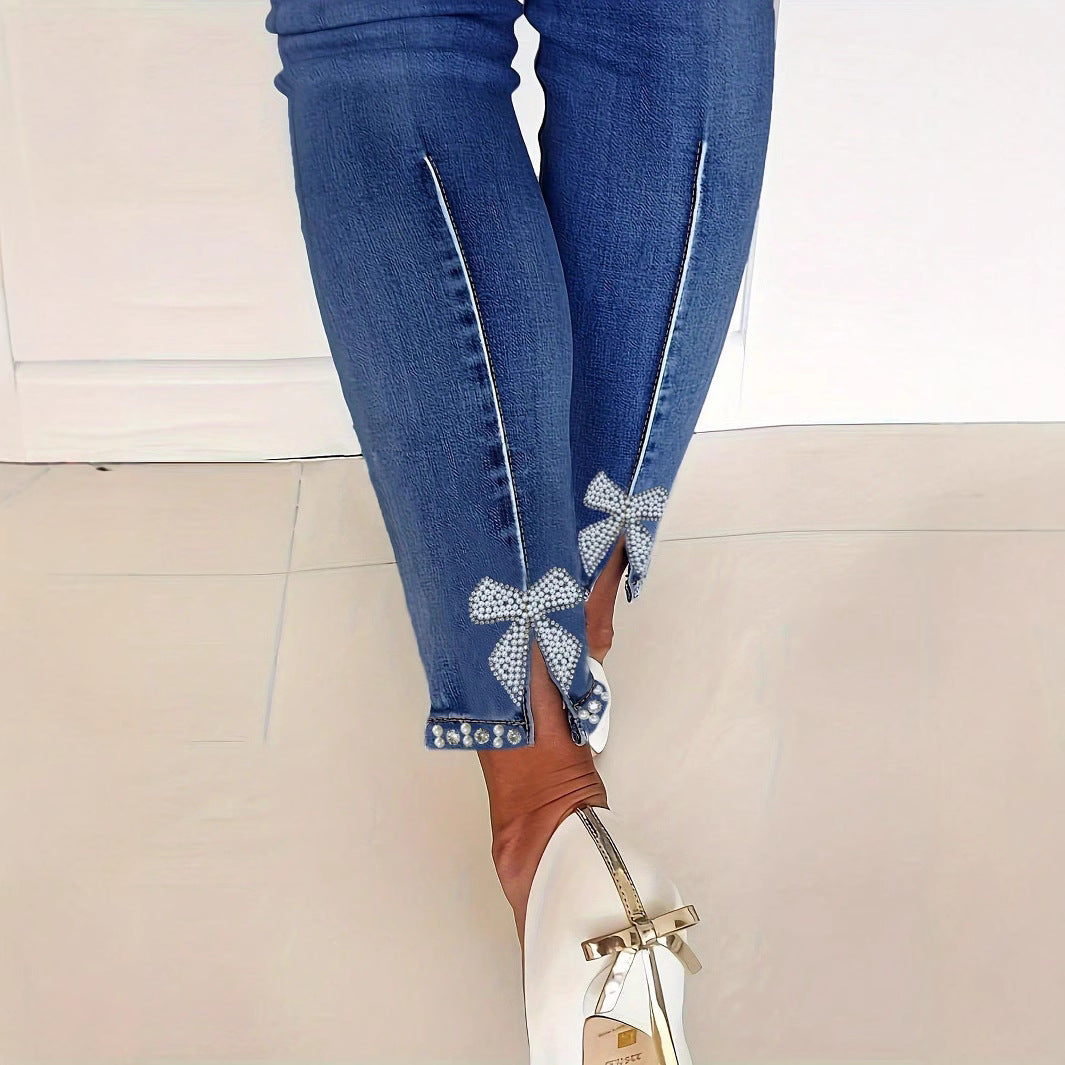 Women's skinny jeans with pearl embellishments and decorative bows Chichicherry