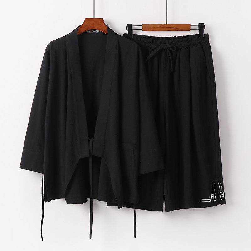 Women's Zen-Kimono-Lounge-Set made of breathable cotton blend with tie waist jacket and wide culotte pants Chichicherry