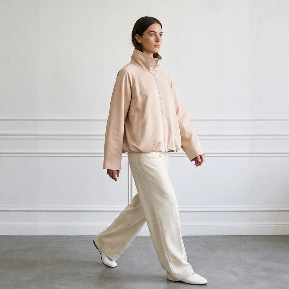 Women's light transitional jacket with high stand-up collar, raglan sleeves, and ballooned hem Chichicherry
