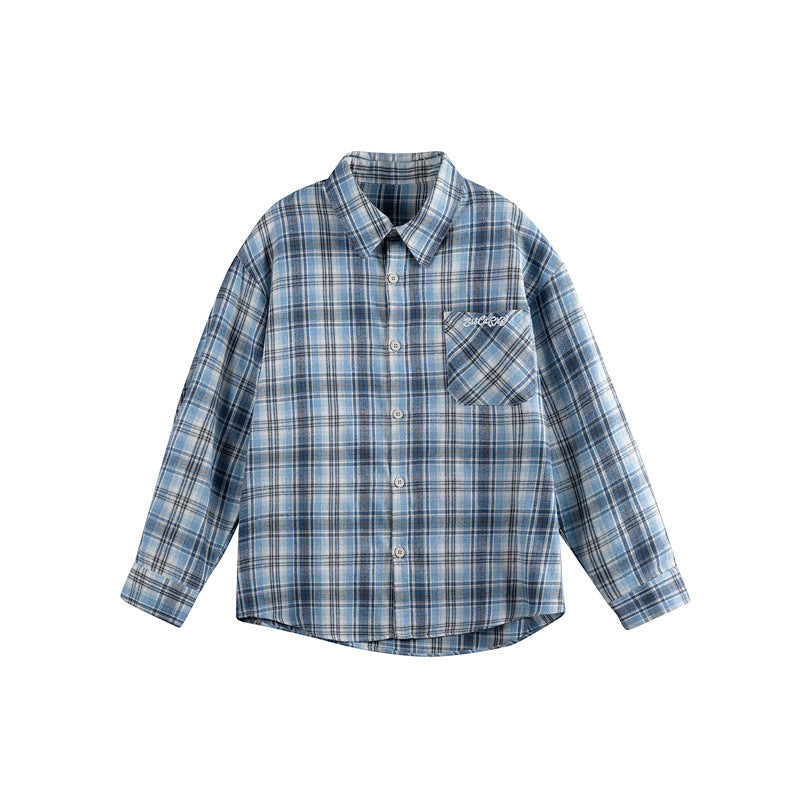 Women's Loose Checkered Shirt Blouse in Boxy Relaxed Fit with Patch Chest Pocket and Fine Embroidery Chichicherry