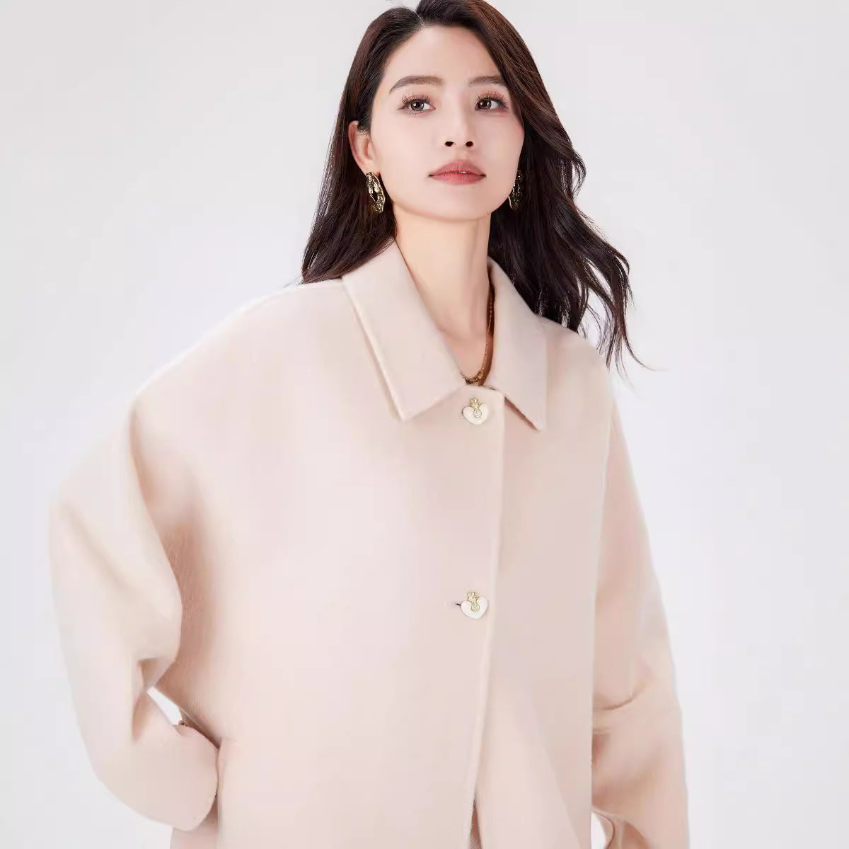 Women's Oversize Wool Cocoon Coat with Decorative Heart Buttons Chichicherry