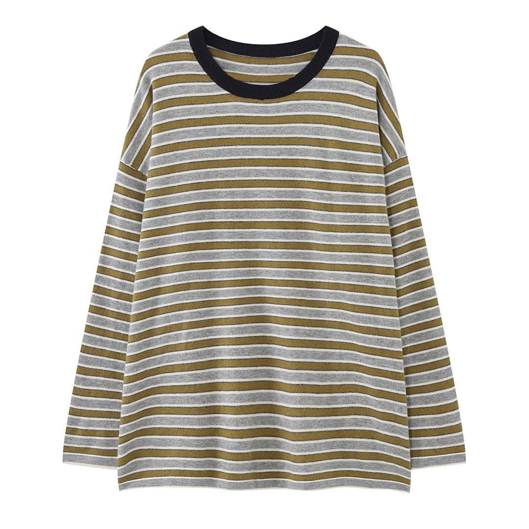 Women Striped Oversize Fine Knit Long Sleeve with Contrasting Round Neckline Chichicherry