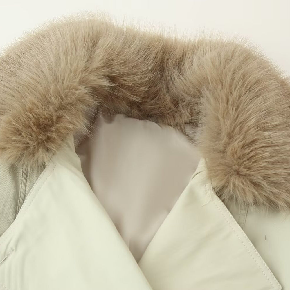 Women's double-breasted blouson with removable faux fur collar, waist drawstring and adjustable cuffs Chichicherry