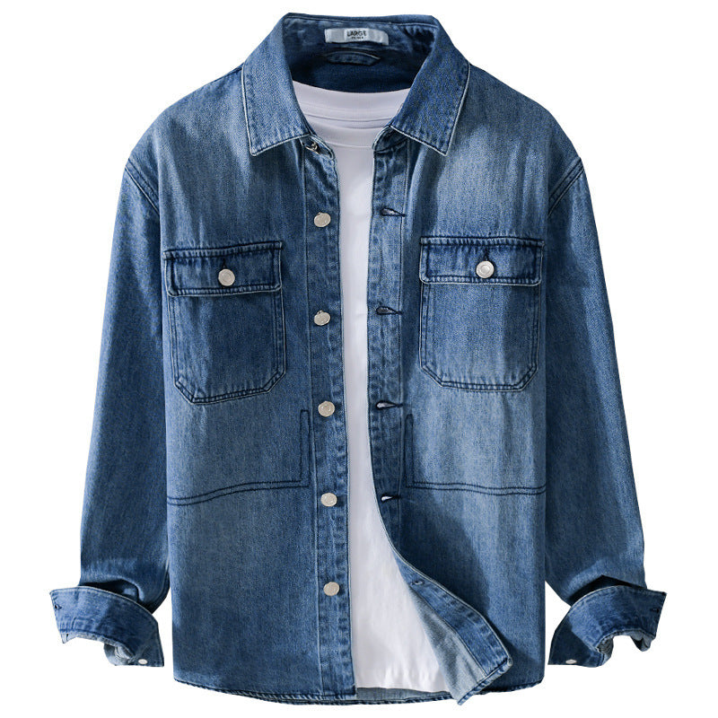 Men's Denim Utility Shirt Jacket with Chest Pockets and Casual Fit Chichicherry
