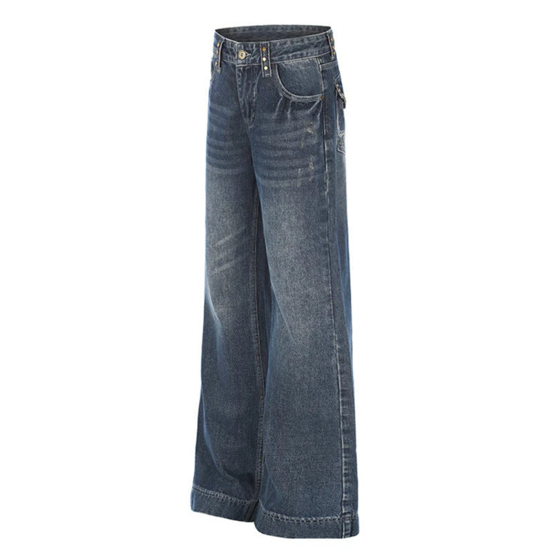 Women's Wide High-Waist Denim Palazzo Jeans with Wide Legs and Vintage Wash Chichicherry