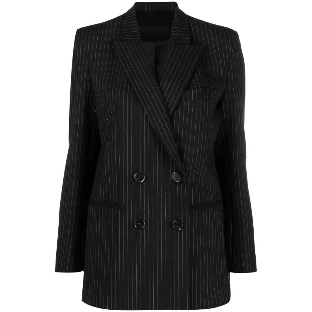 Women's Two-Piece Pinstripe Suit with Oversized Double-Breasted Design and Wide Pleated Trousers Chichicherry
