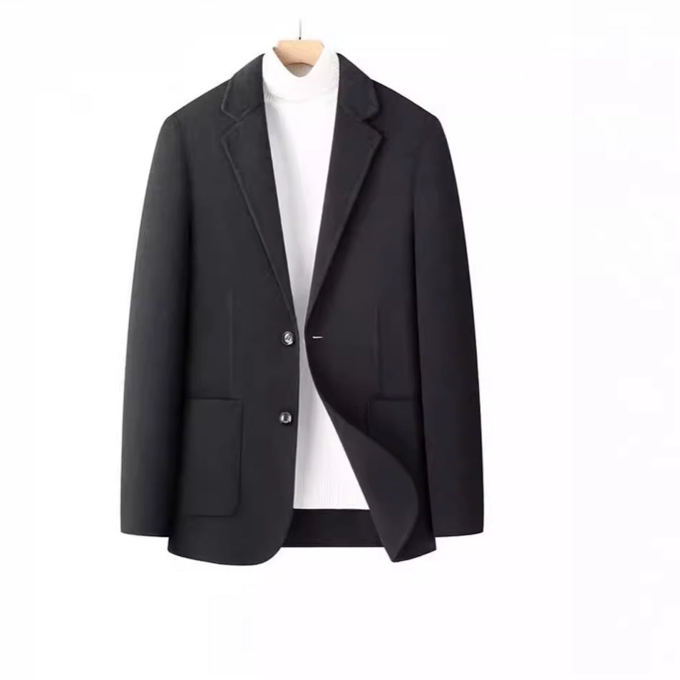 Men's Herringbone Wool Blazer with Lapel Collar and Patch Pockets Chichicherry