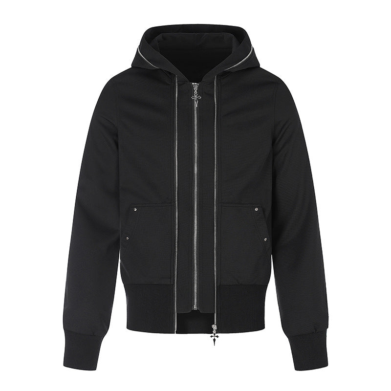 Women’s hooded sweatshirt jacket with high standing collar, contrasting decorative seams and full-length zip Chichicherry