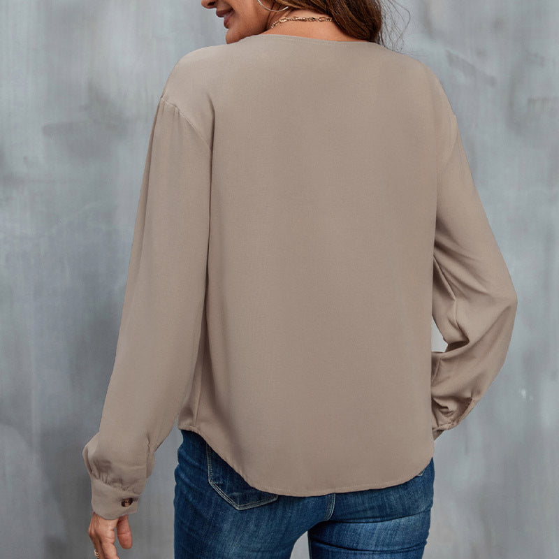 Women's Asymmetric Chiffon Blouse with Contrast Pointed Collar and Side Button Placket Chichicherry