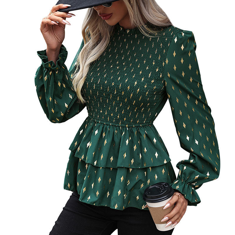 Women's Smocked Ruffle Blouse with Tiered Ruffles and Balloon Sleeves Chichicherry