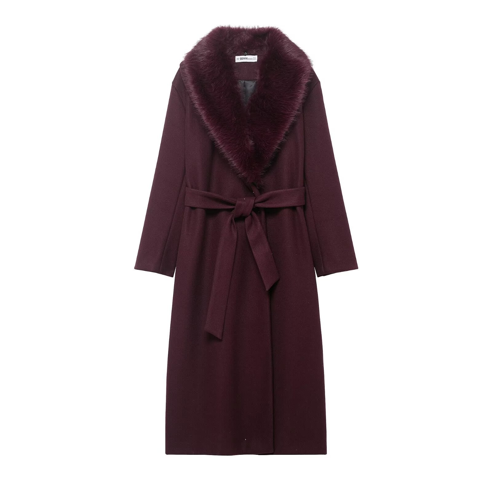 Women’s Long Wool Coat with Large Faux Fur Shawl Collar and Waist Belt Chichicherry