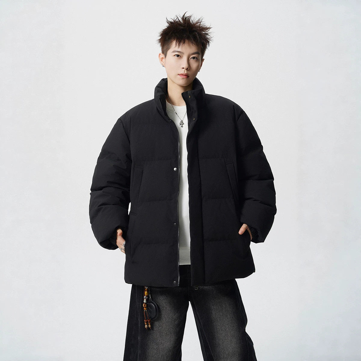 Men's Short Cut Oversized Quilted Jacket with High Collar Chichicherry