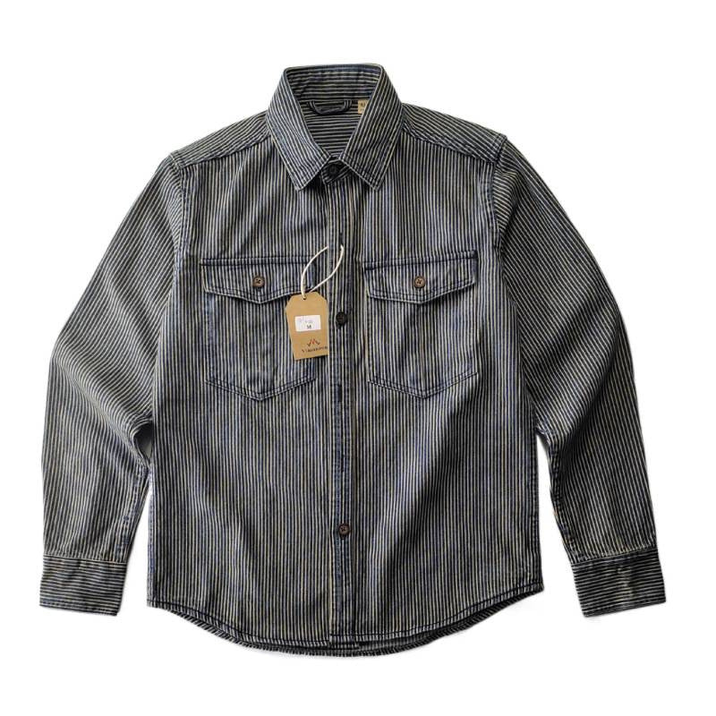 Herren Leichte gestreifte Denim-Worker-Hemdjacke mit aufgesetzten Pattentaschen Chichicherry