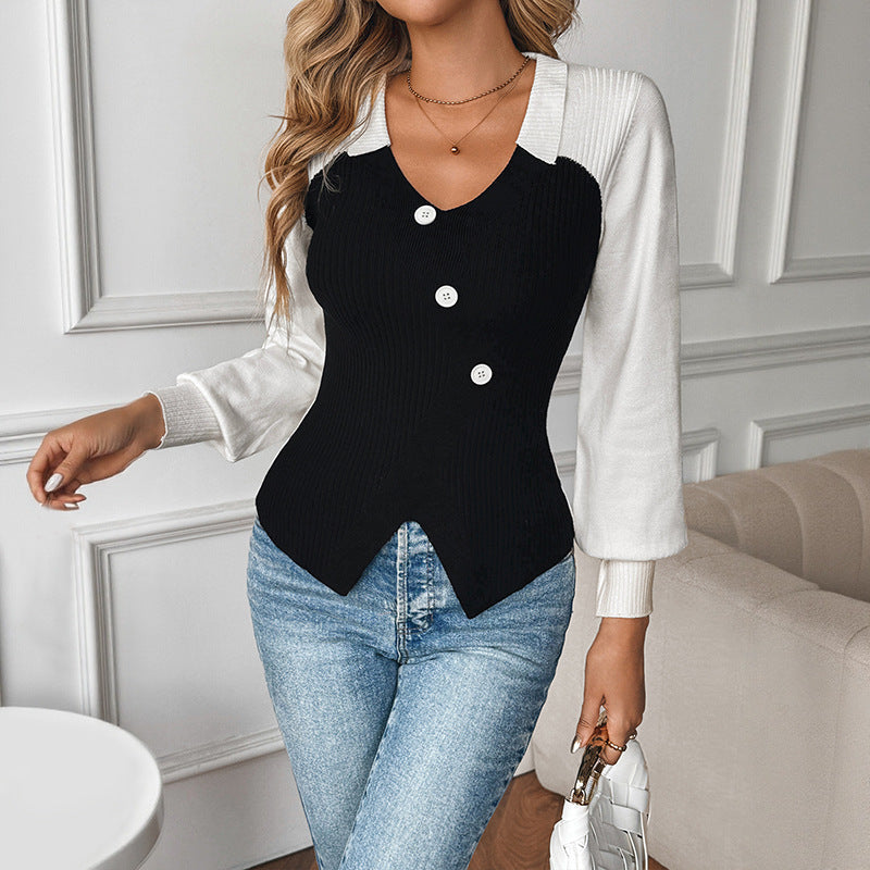 Women's Fitted Knit Blouse with Contrasting Sleeves, V-Neck and Asymmetrical Button Placket Chichicherry