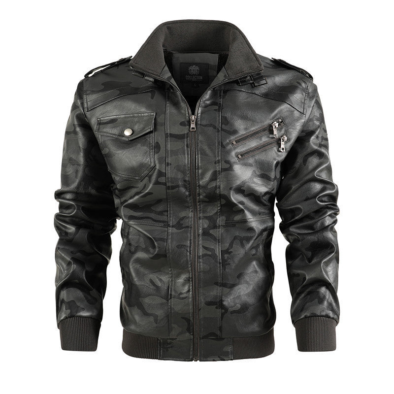 Men's Camouflage Faux Leather Bomber Jacket with Epaulettes, Zipper Pockets and Ribbed Hem Chichicherry