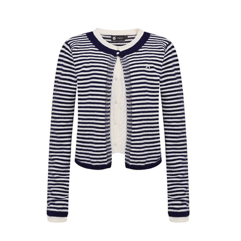 Women's Short Layered Cardigan with Round Neck and Fine Stripes Chichicherry