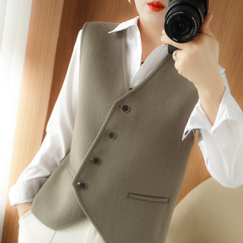 Ladies Tailored Wool Blend Vest with Asymmetrical Button Placket Chichicherry