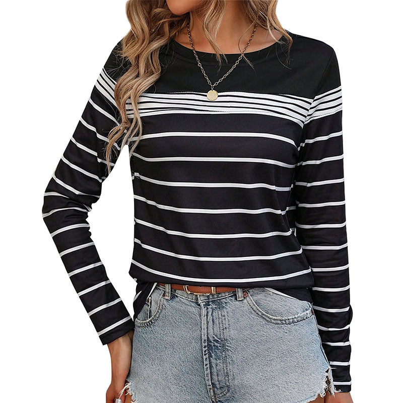 Women's Striped Long Sleeve Shirt with Round Neckline and Contrasted Yoke