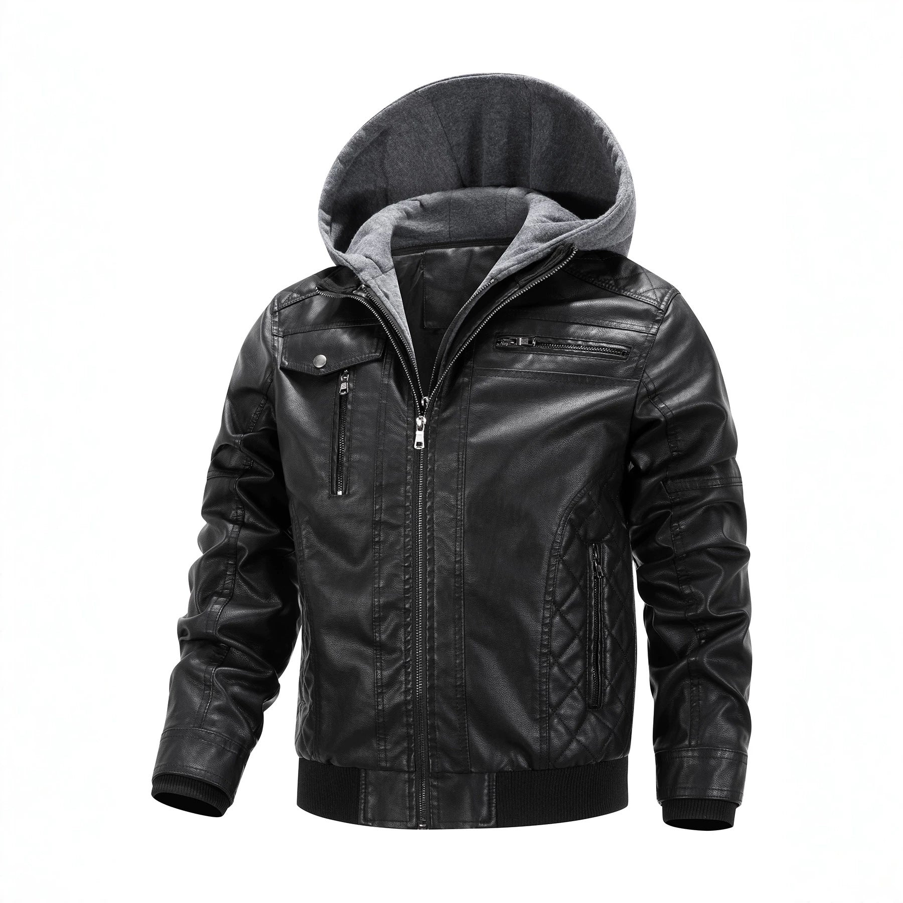 Men's Faux Leather Biker Jacket with Removable Hood Panel and Quilted Side Panels Chichicherry