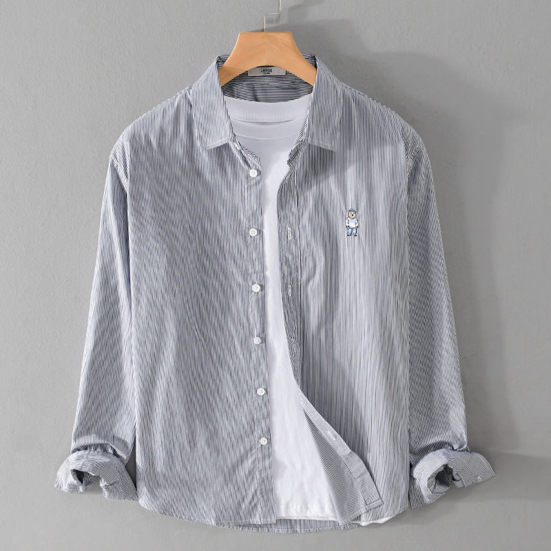 Men's Striped Cotton Shirt with Fine Embroidery and Relaxed Fit Chichicherry
