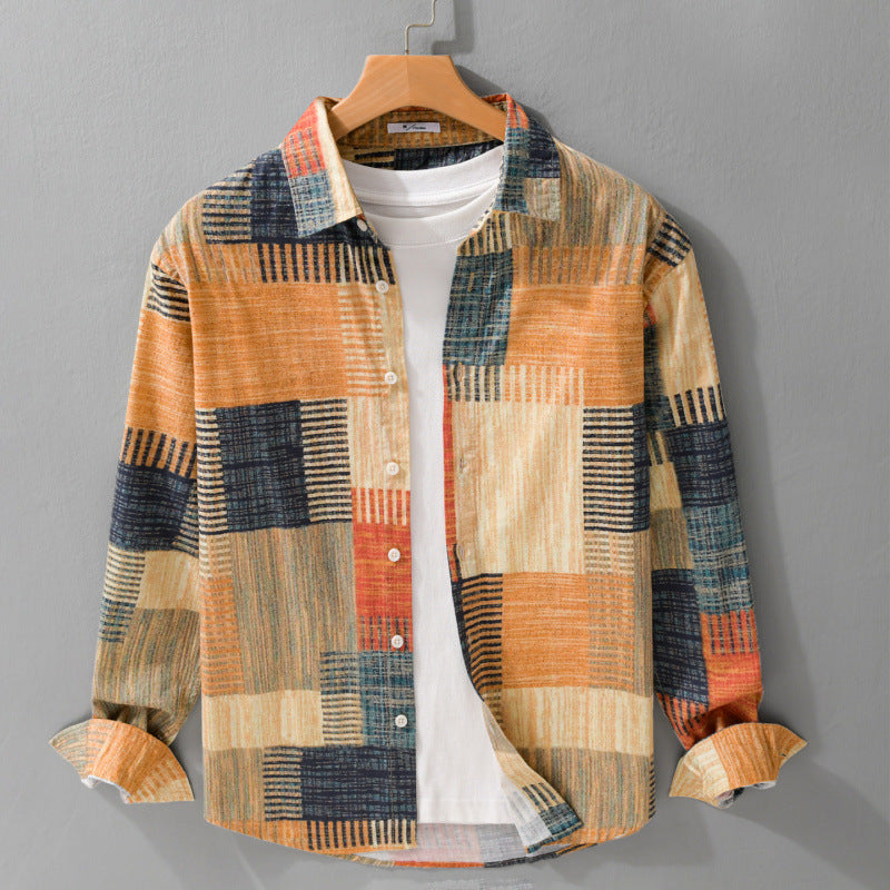 Men's Patterned Long Sleeve Shirt in Patchwork Look made of Light Cotton Mix Relaxed Fit Chichicherry