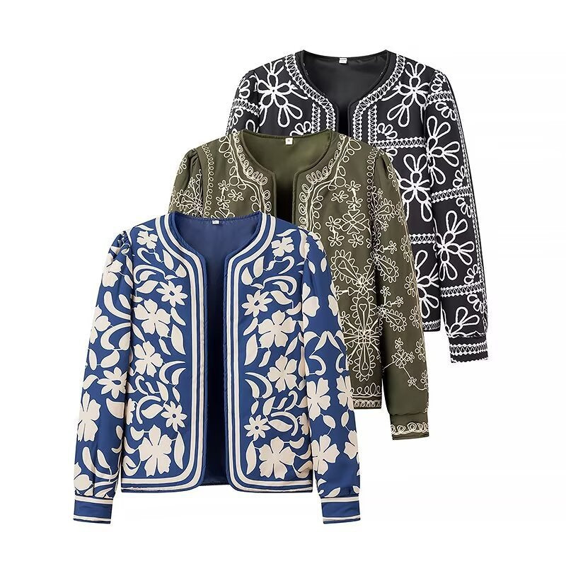 Women Open Blazer Jacket with Floral Allover Print, Round Neckline and Feminine Fit Chichicherry