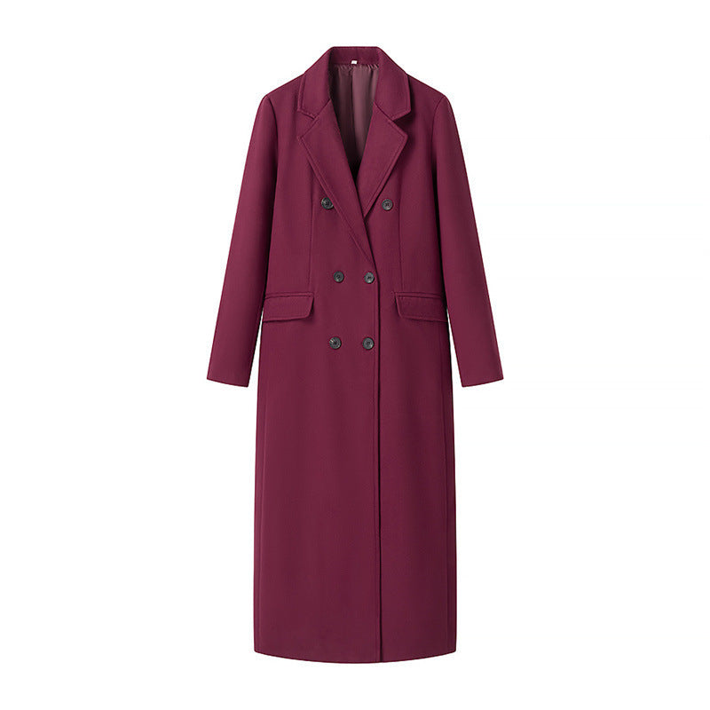 Women's Extra Long Wool Blend Coat with Double-Breasted Button Placket, Notched Lapel and Flap Pockets Chichicherry