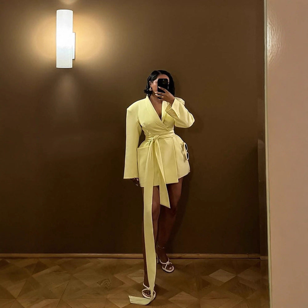 Women's Tailored Blazer Dress with Draped Tie Belt and Structured Shoulders Chichicherry