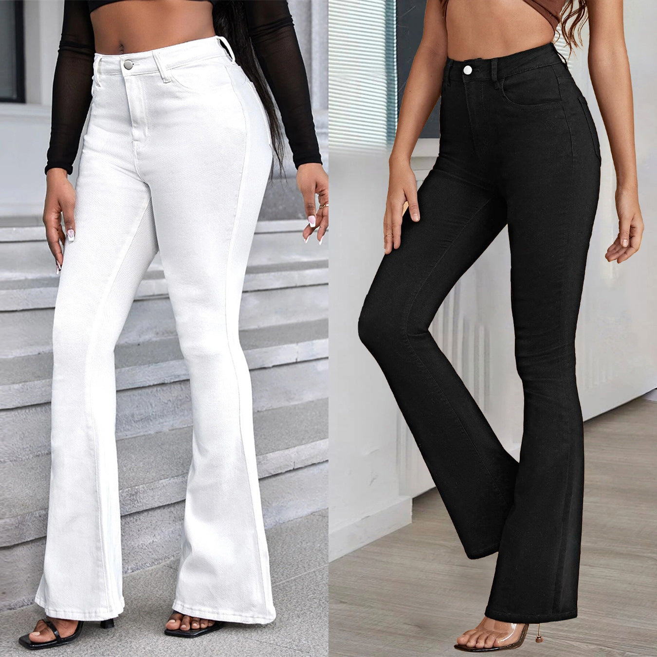 Women’s high-waisted flared trousers made of stretch denim with a center seam and figure-hugging cut Chichicherry
