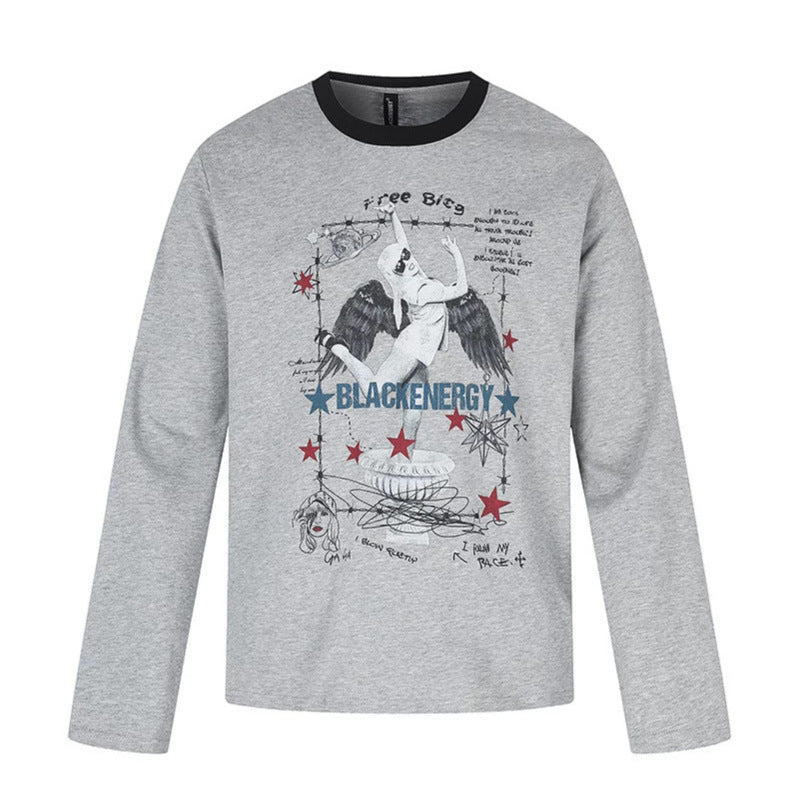 Women's long-sleeve shirt with vintage illustration, contrast collar and relaxed fit Chichicherry