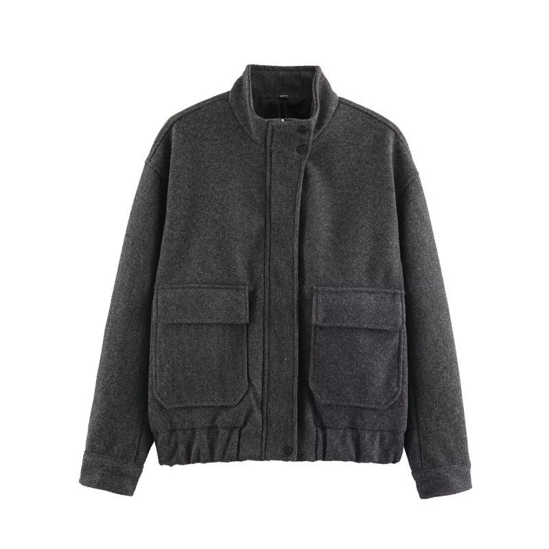 Women's Boxy Wool Blouson with Stand-up Collar, Large Flap Pockets and Elastic Hem Chichicherry