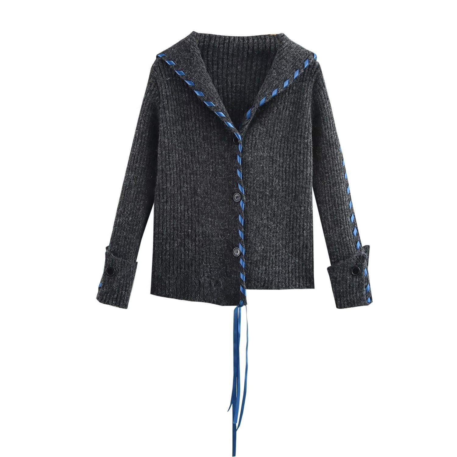 Women Ribbed Cardigan with Sailor Collar, Decorative Ribbon Lacing and Button Placket Chichicherry