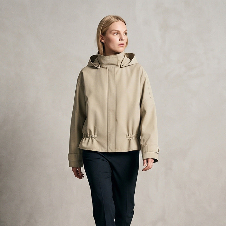 Women Short Vegan Leather Jacket with Hood, Concealed Snap Button Placket and Drawstring Hem Chichicherry