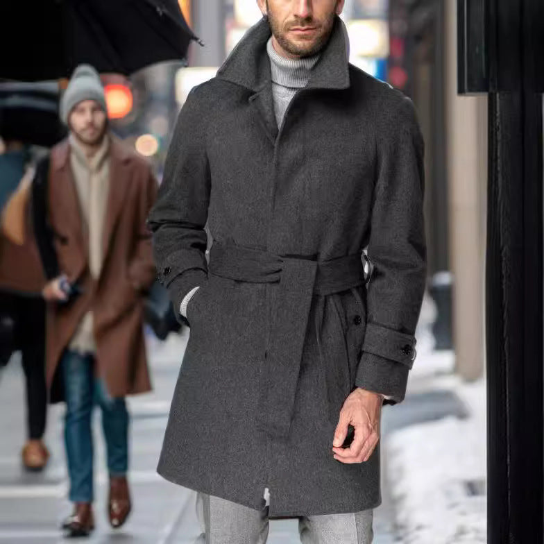 Men's coat mid-length made of wool blend with tie belt and concealed button placket Chichicherry