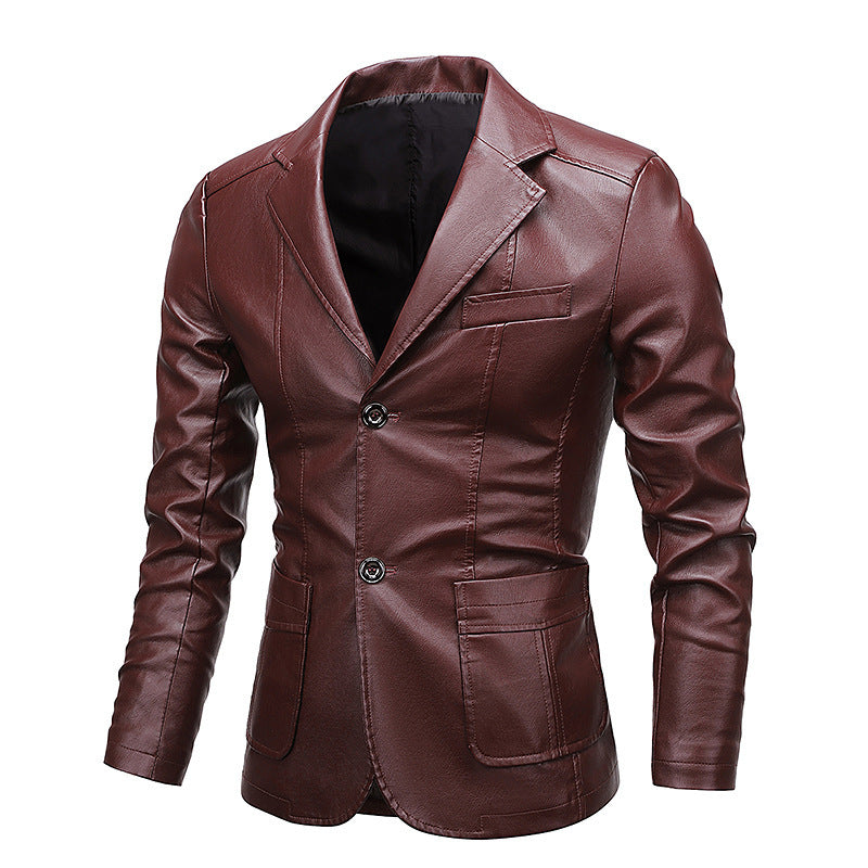 Men's Slim-Fit Faux Leather Blazer with Notched Lapels and Flap Pockets Chichicherry