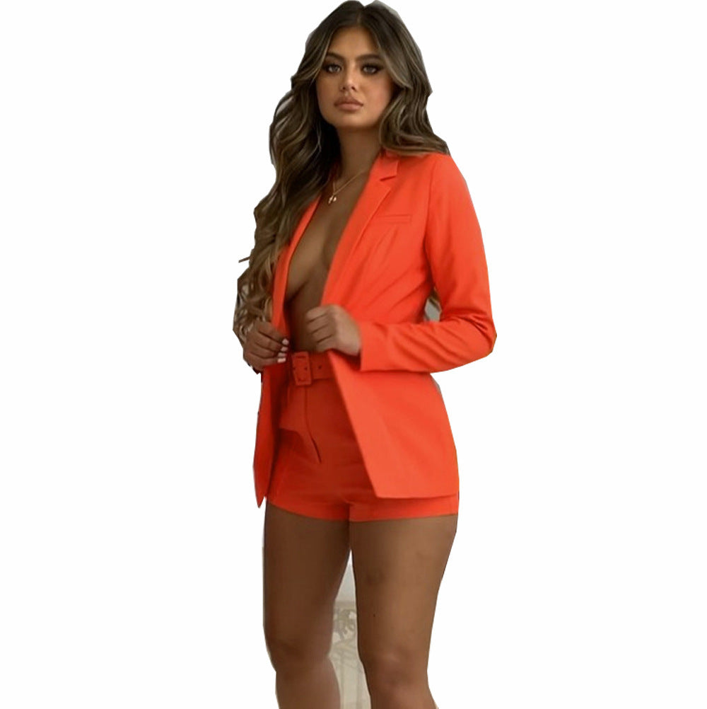 Women's Tailored Longline Blazer with High-Waisted Belt Shorts Set Chichicherry