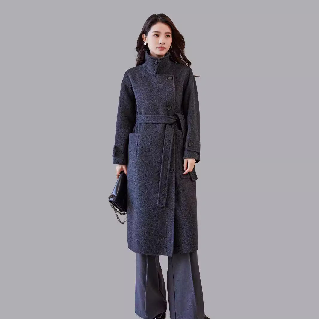 Women's Oversized Wool Coat with Belt and Wide Lapels Chichicherry