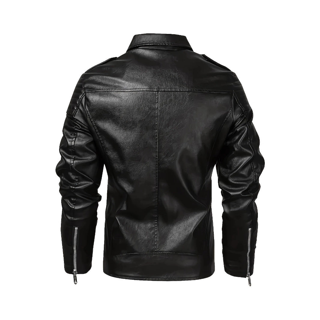 Men's biker jacket made of faux leather with asymmetrical zipper and padded shoulder inserts Chichicherry